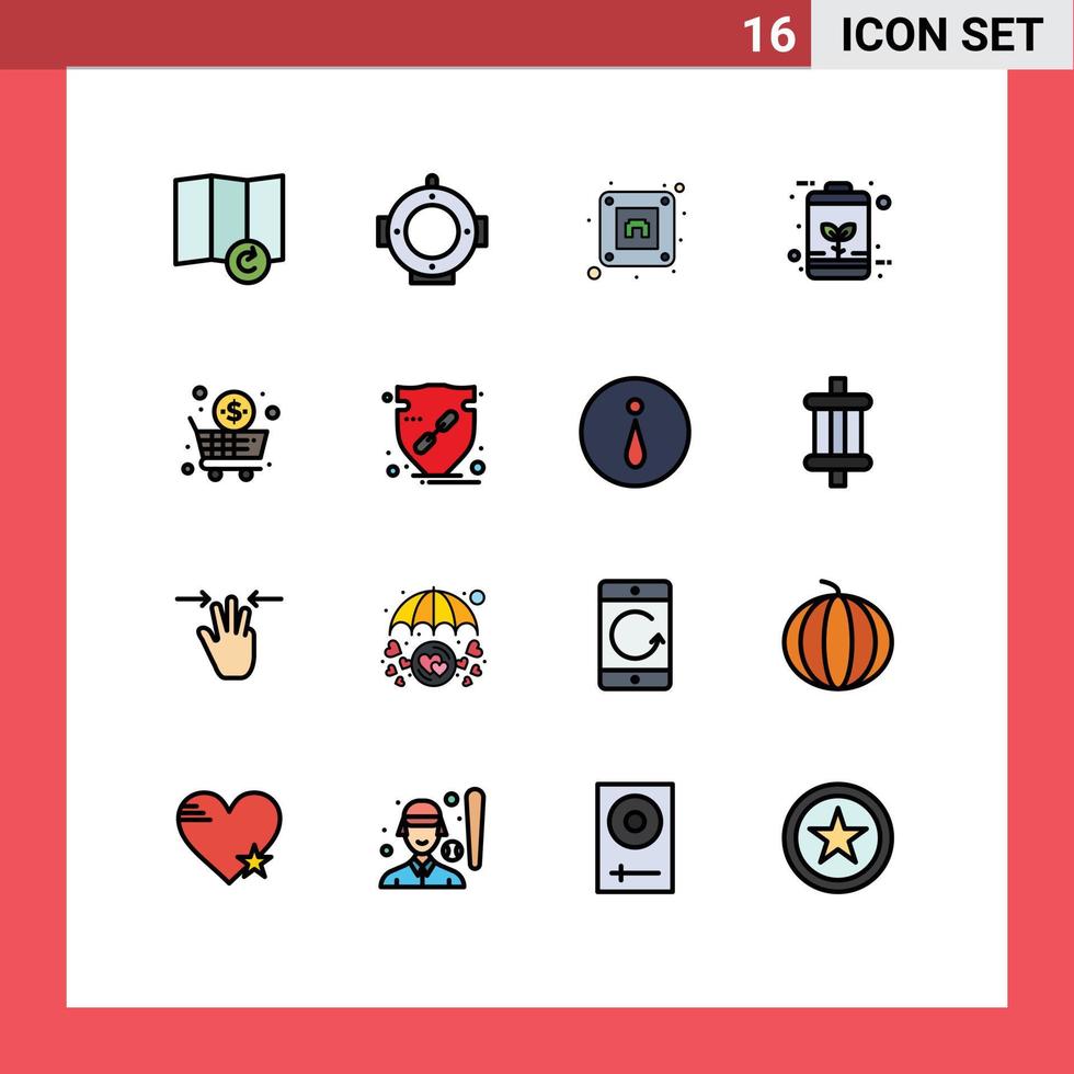 Modern Set of 16 Flat Color Filled Lines Pictograph of trust shop battery cart power Editable Creative Vector Design Elements