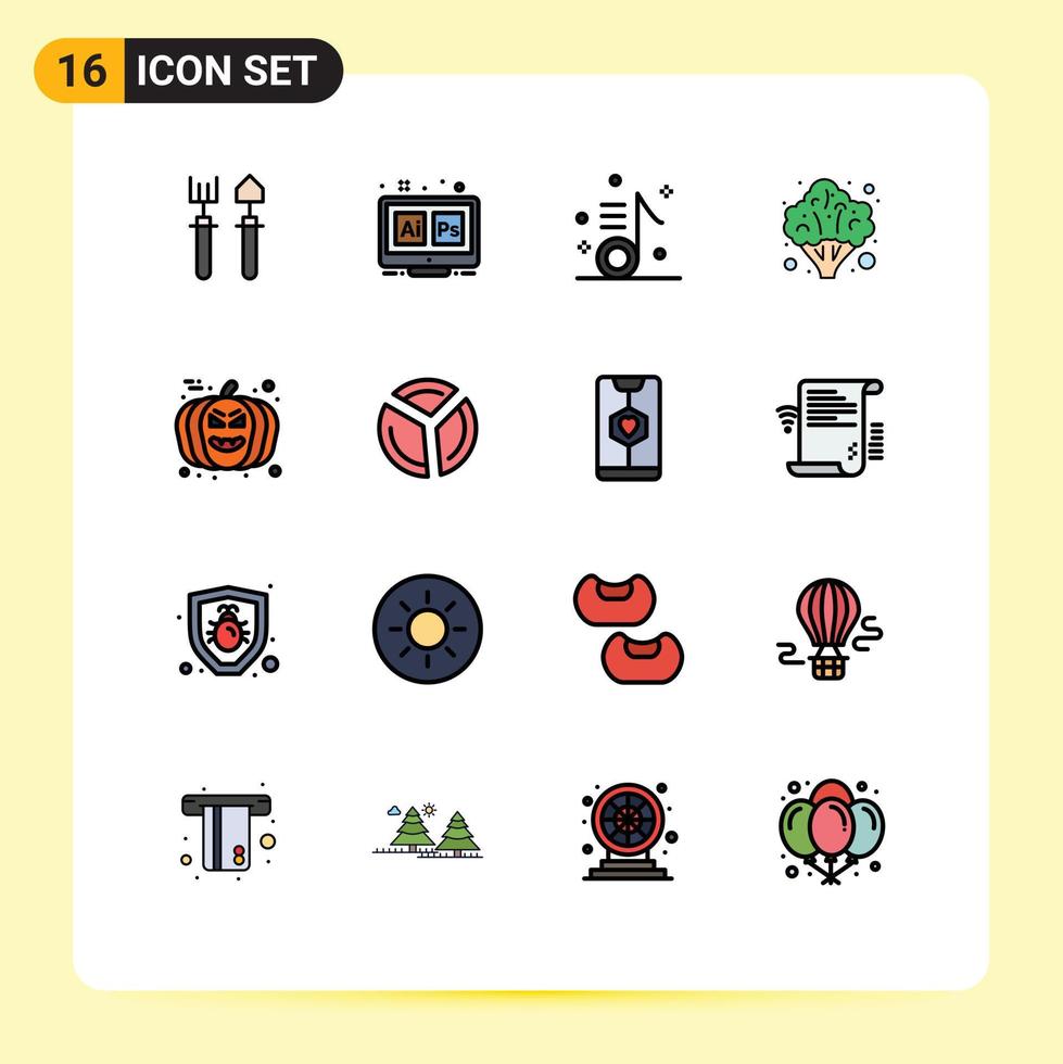 Mobile Interface Flat Color Filled Line Set of 16 Pictograms of vegetable healthcare ai broccoli note Editable Creative Vector Design Elements