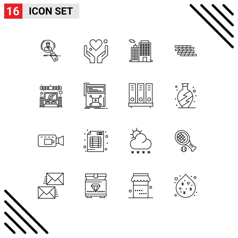 User Interface Pack of 16 Basic Outlines of wall firewall heart city business Editable Vector Design Elements