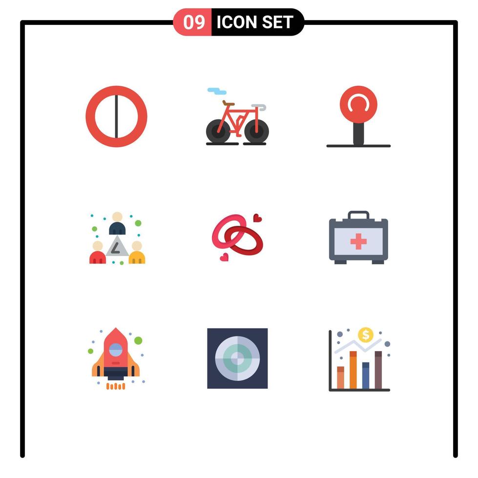 Flat Color Pack of 9 Universal Symbols of health bag love headcount engagment ring engagment Editable Vector Design Elements