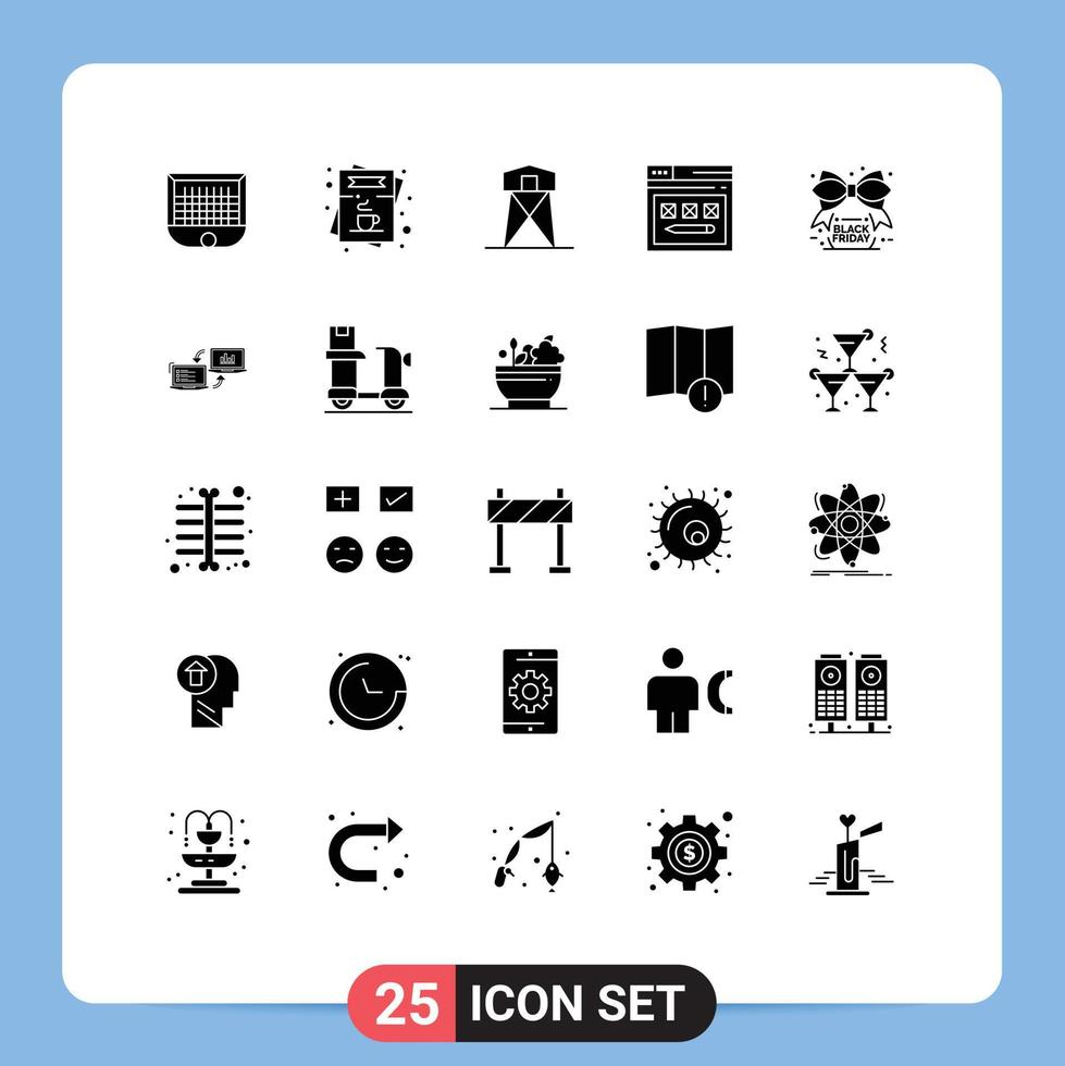 Pictogram Set of 25 Simple Solid Glyphs of web internet menu war hunt Editable Vector Design Elements