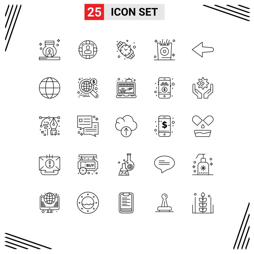 25 User Interface Line Pack of modern Signs and Symbols of left party production kid fries Editable Vector Design Elements