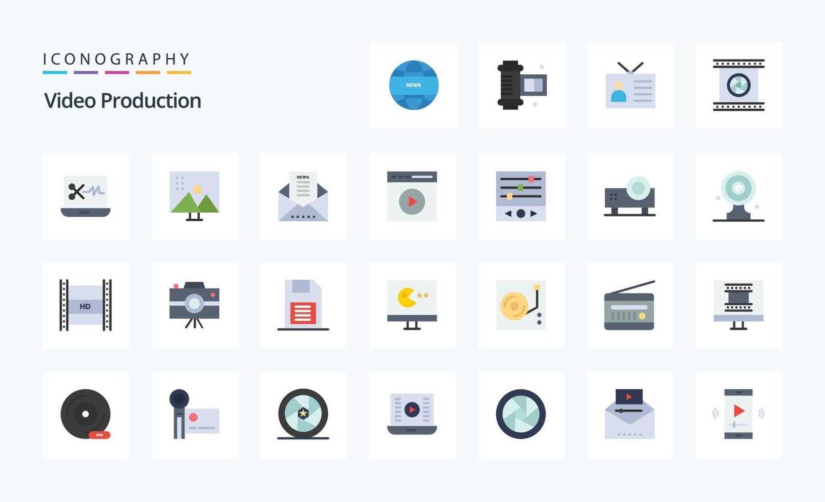 25 Video Production Flat color icon pack vector