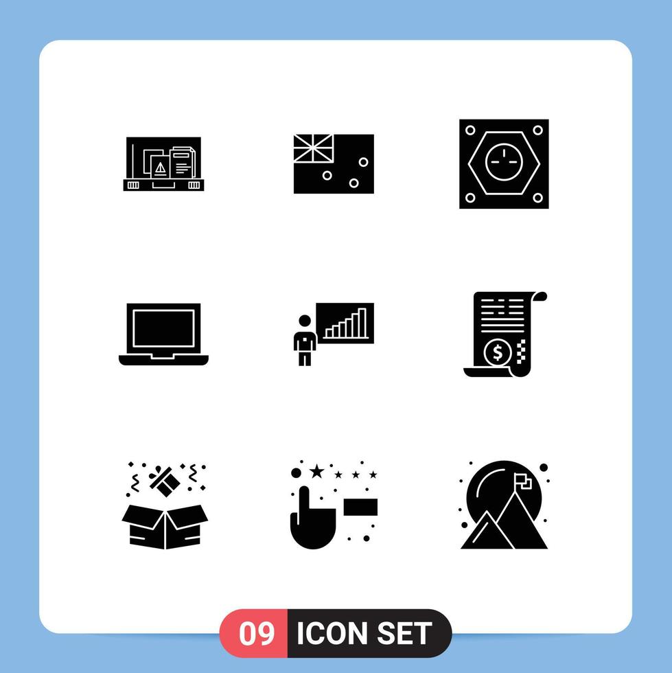 Solid Glyph Pack of 9 Universal Symbols of business macbook electric laptop socket Editable Vector Design Elements