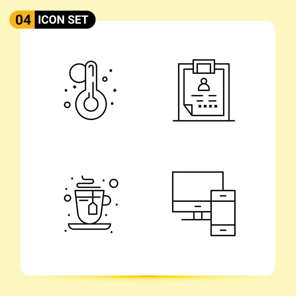 Mobile Interface Line Set of 4 Pictograms of summer hot clipboard medical computer Editable Vector Design Elements