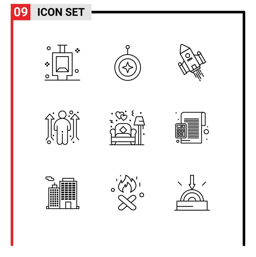 Pack of 9 creative Outlines of couch man space craft career launch Editable Vector Design Elements