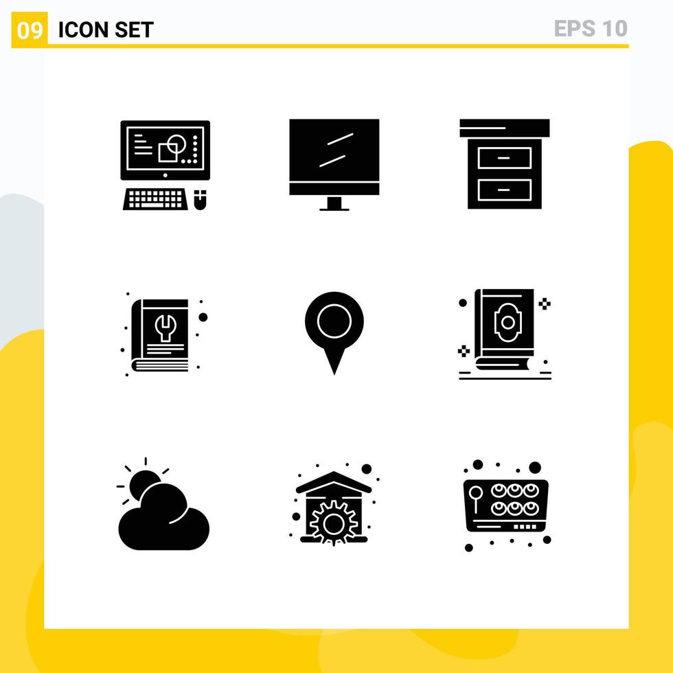 conjunto de 9 glifos sólidos vectoriales en la cuadrícula para la reparación de herramientas comerciales de ubicación geográfica del mapa elementos de diseño vectorial editables vector