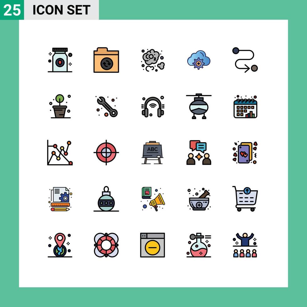 paquete de 25 modernos signos y símbolos de colores planos de línea rellena para medios de impresión web, como la configuración de cálculo de dióxido de carbono de destino de ruta, elementos de diseño de vectores editables