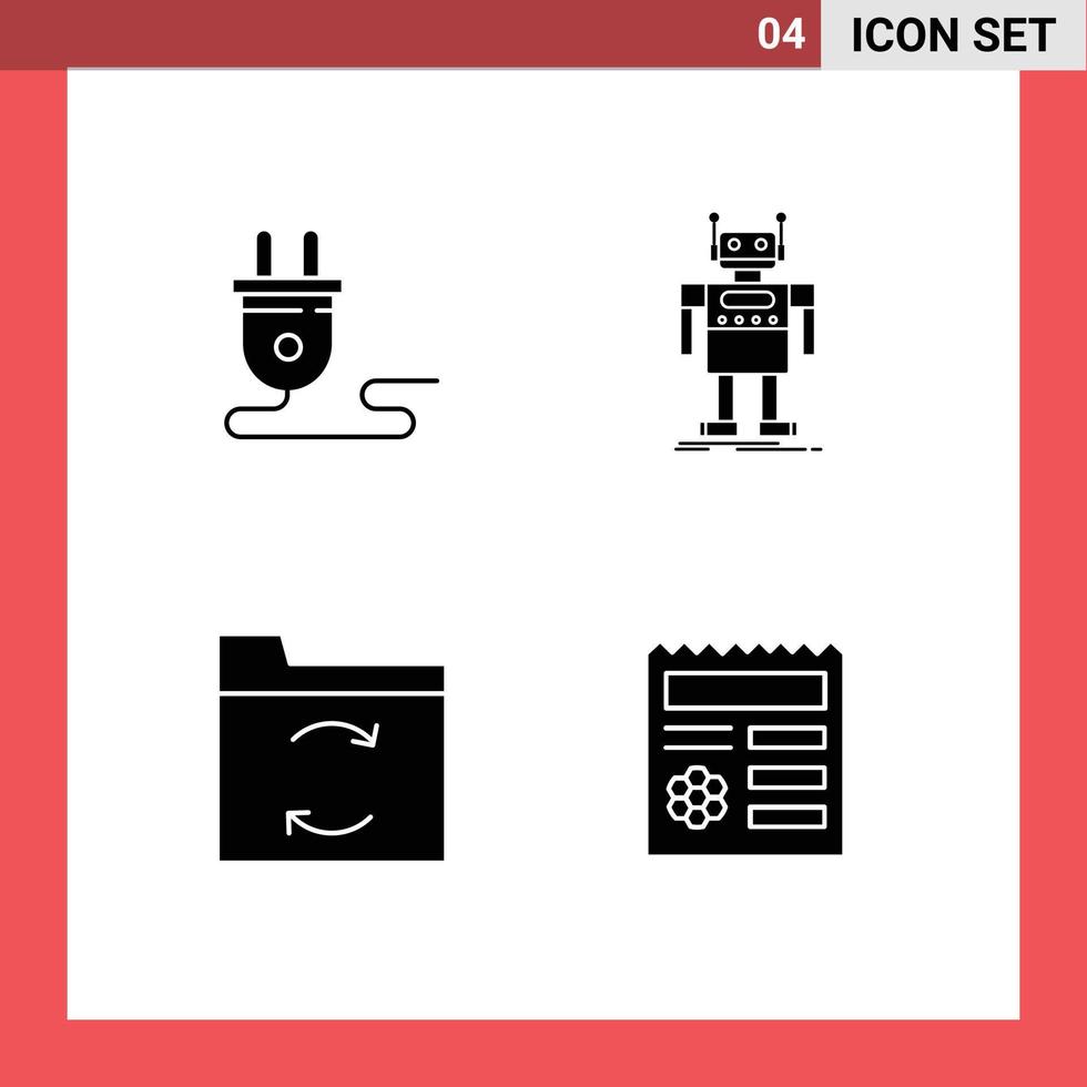 Mobile Interface Solid Glyph Set of 4 Pictograms of electrical backup power supply artificial sync Editable Vector Design Elements