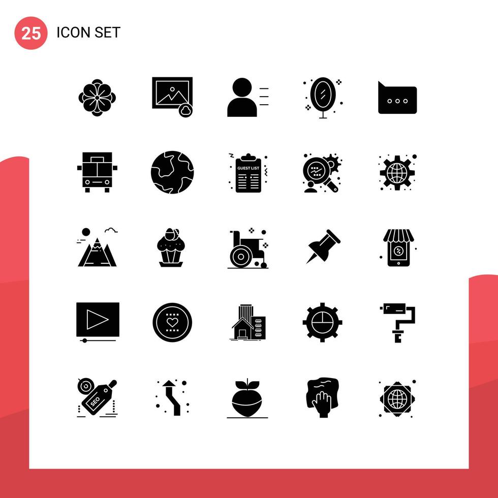 Group of 25 Modern Solid Glyphs Set for comment bubble person reflection mirror Editable Vector Design Elements