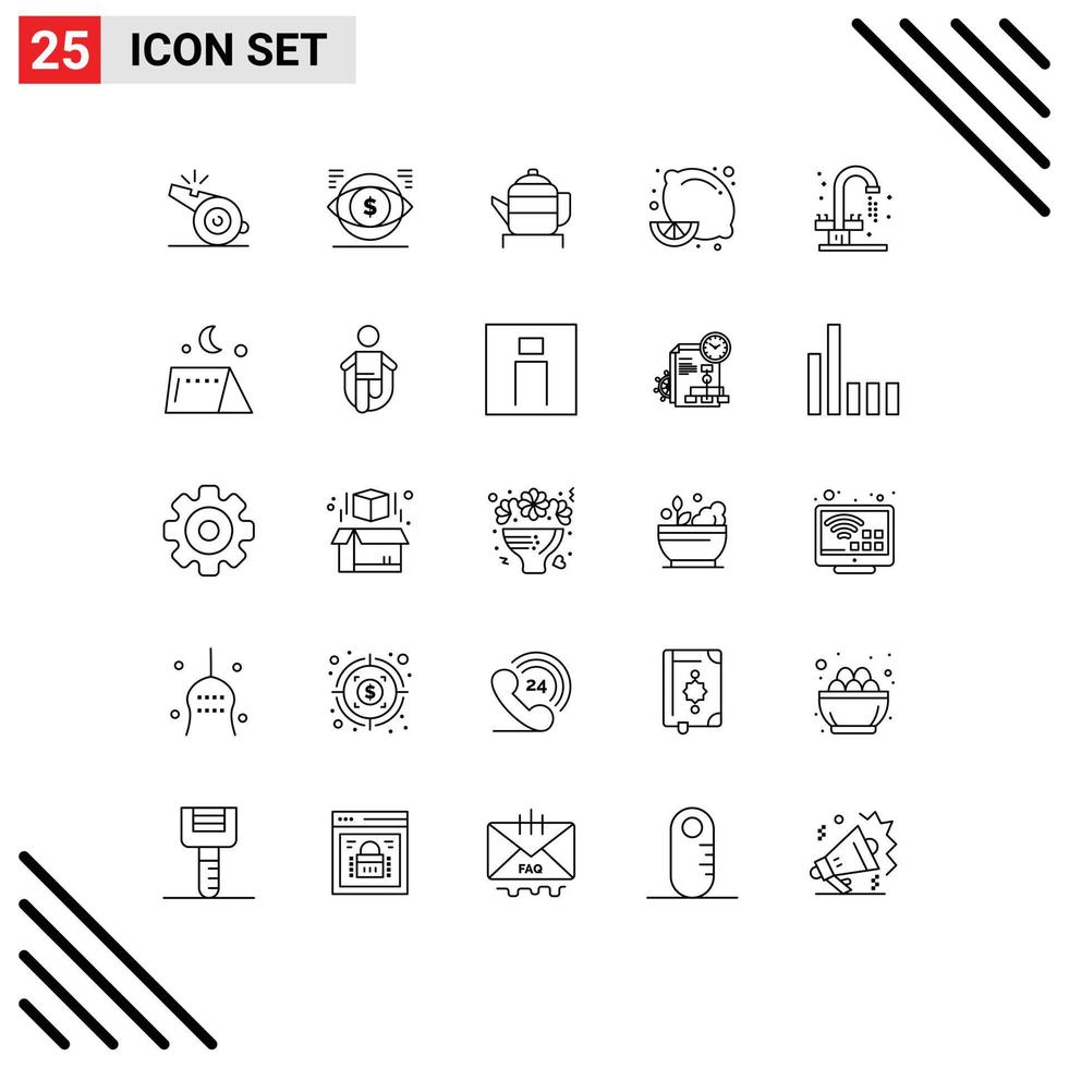 Line Pack of 25 Universal Symbols of bathroom lemon vision diet food chinese Editable Vector Design Elements
