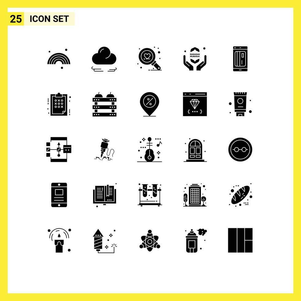 Pack of 25 Modern Solid Glyphs Signs and Symbols for Web Print Media such as credit card love banking ramadhan Editable Vector Design Elements