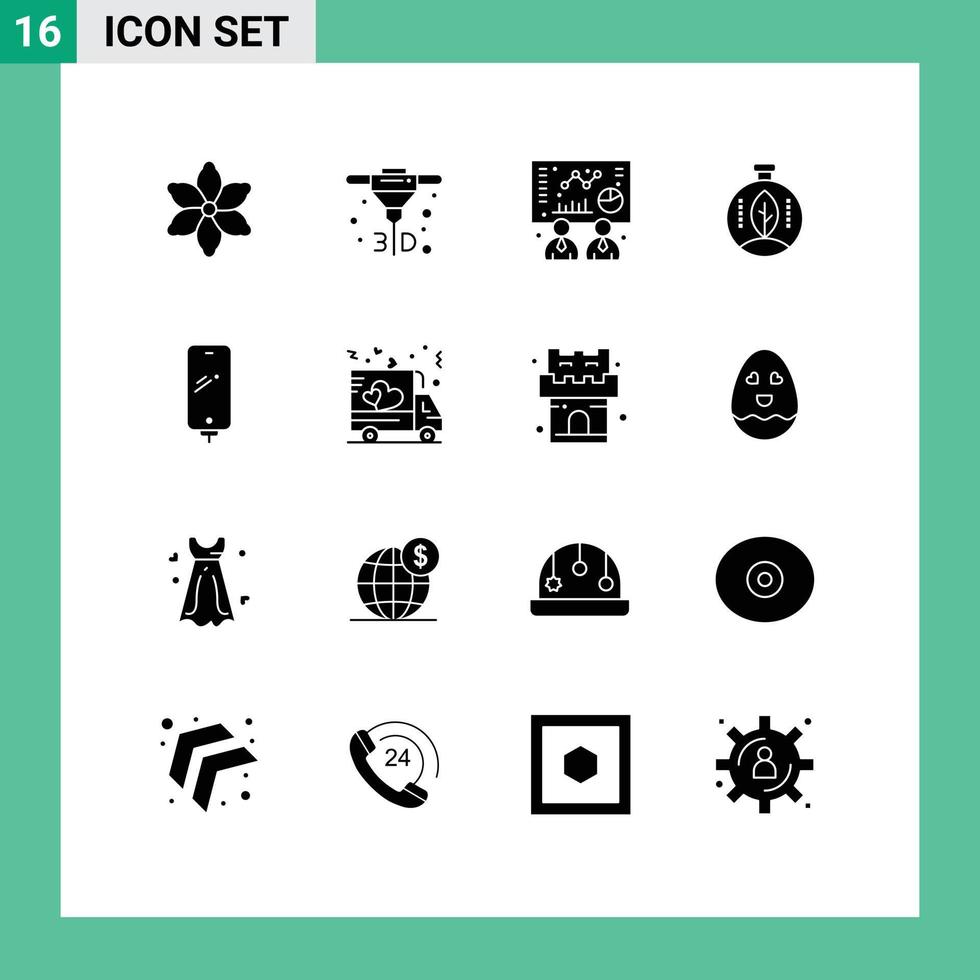 Set of 16 Vector Solid Glyphs on Grid for battery mobile graph smart phone power Editable Vector Design Elements