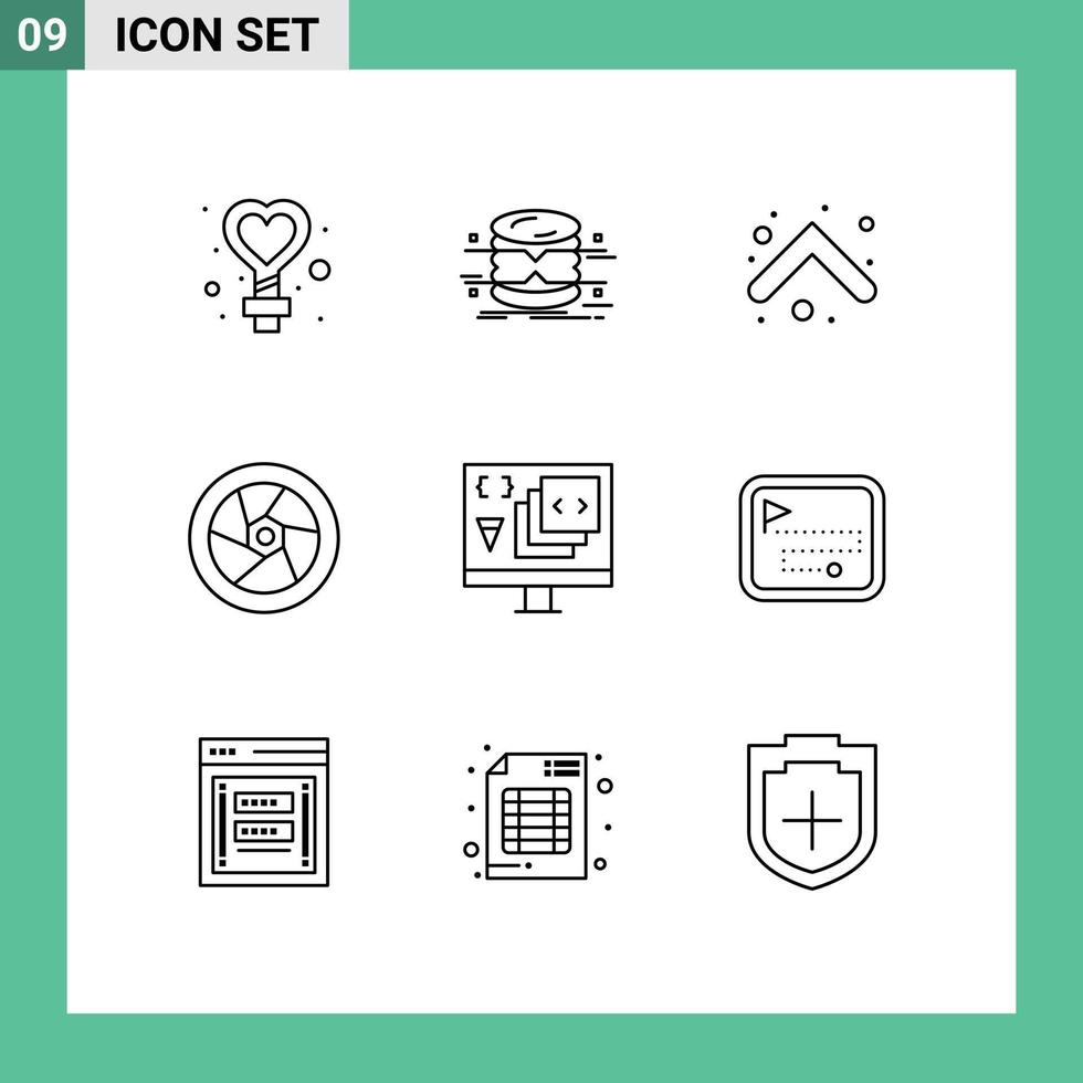 Pack of 9 creative Outlines of app tap monitoring movie direction Editable Vector Design Elements