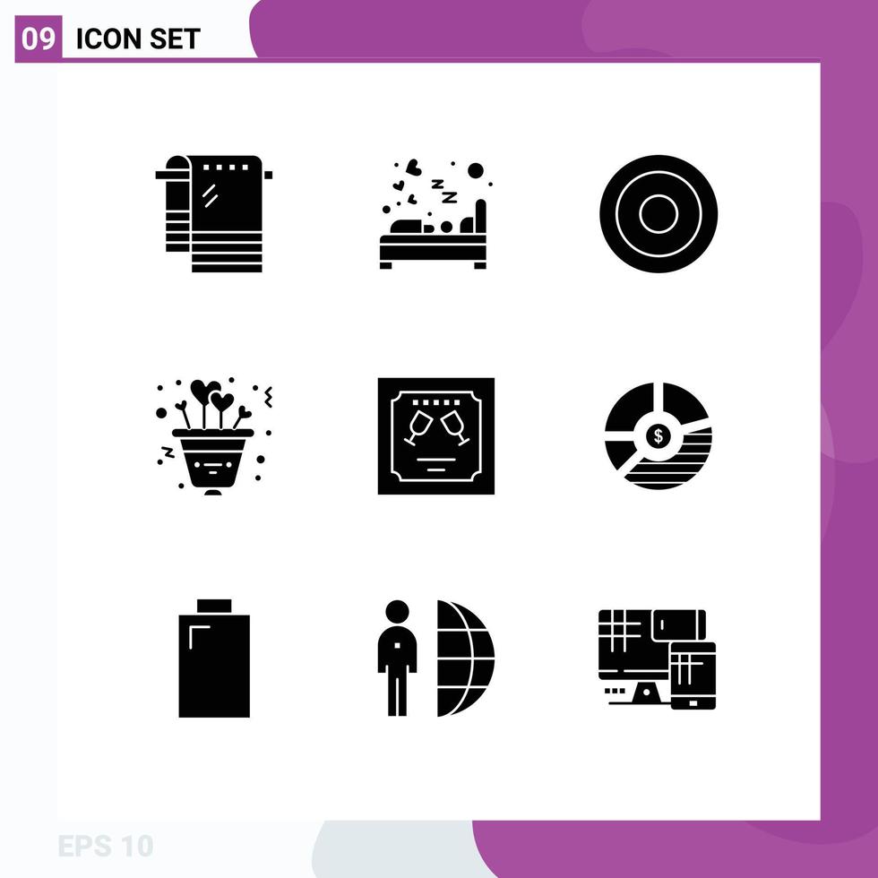Mobile Interface Solid Glyph Set of 9 Pictograms of card plant sleep love user Editable Vector Design Elements