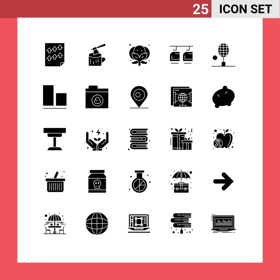 Editable Vector Line Pack of 25 Simple Solid Glyphs of racket vehicles wood transportation cable Editable Vector Design Elements