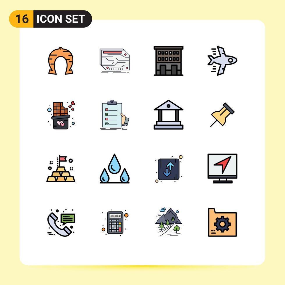 Flat Color Filled Line Pack of 16 Universal Symbols of plane airplane electronic shops retail Editable Creative Vector Design Elements