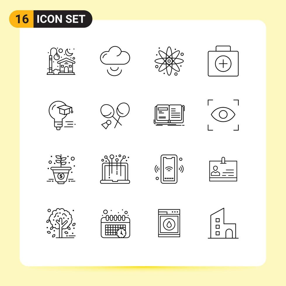 16 User Interface Outline Pack of modern Signs and Symbols of graduation cap energy bulb medical Editable Vector Design Elements