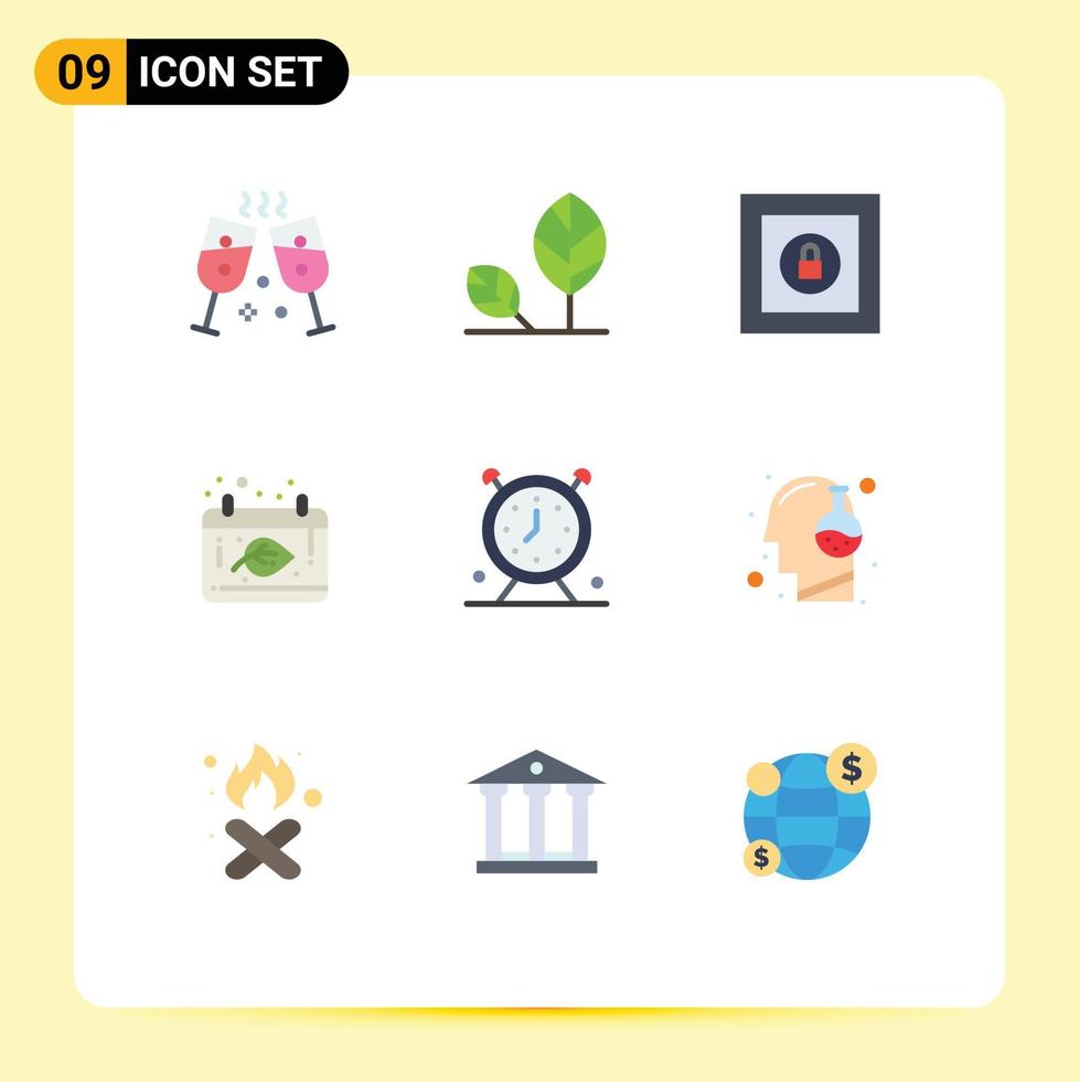 9 Universal Flat Color Signs Symbols of time clock lock alarm date Editable Vector Design Elements