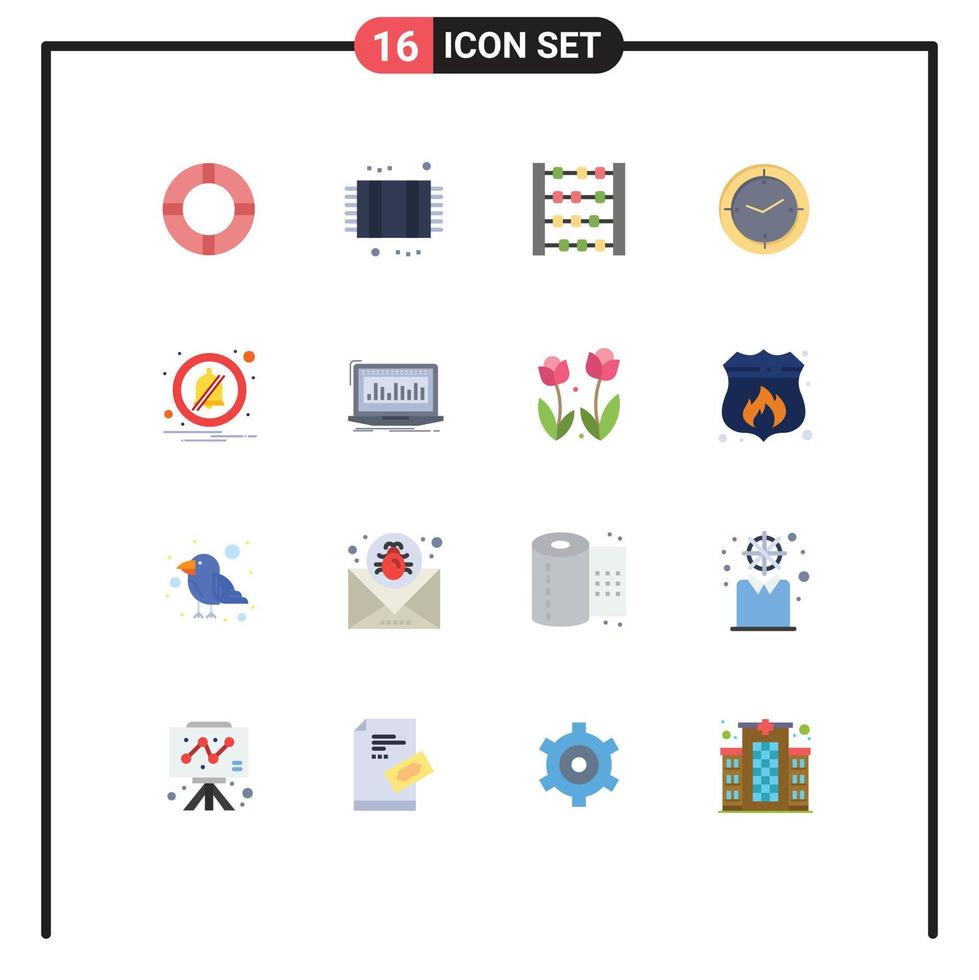 grupo universal de símbolos de iconos de 16 colores planos modernos de temporizador de máquina de ábaco de alarma paquete editable de elementos creativos de diseño de vectores