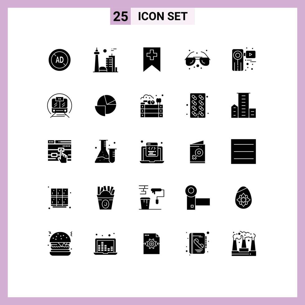 Set of 25 Vector Solid Glyphs on Grid for movie sunglasses toronto sea beach Editable Vector Design Elements