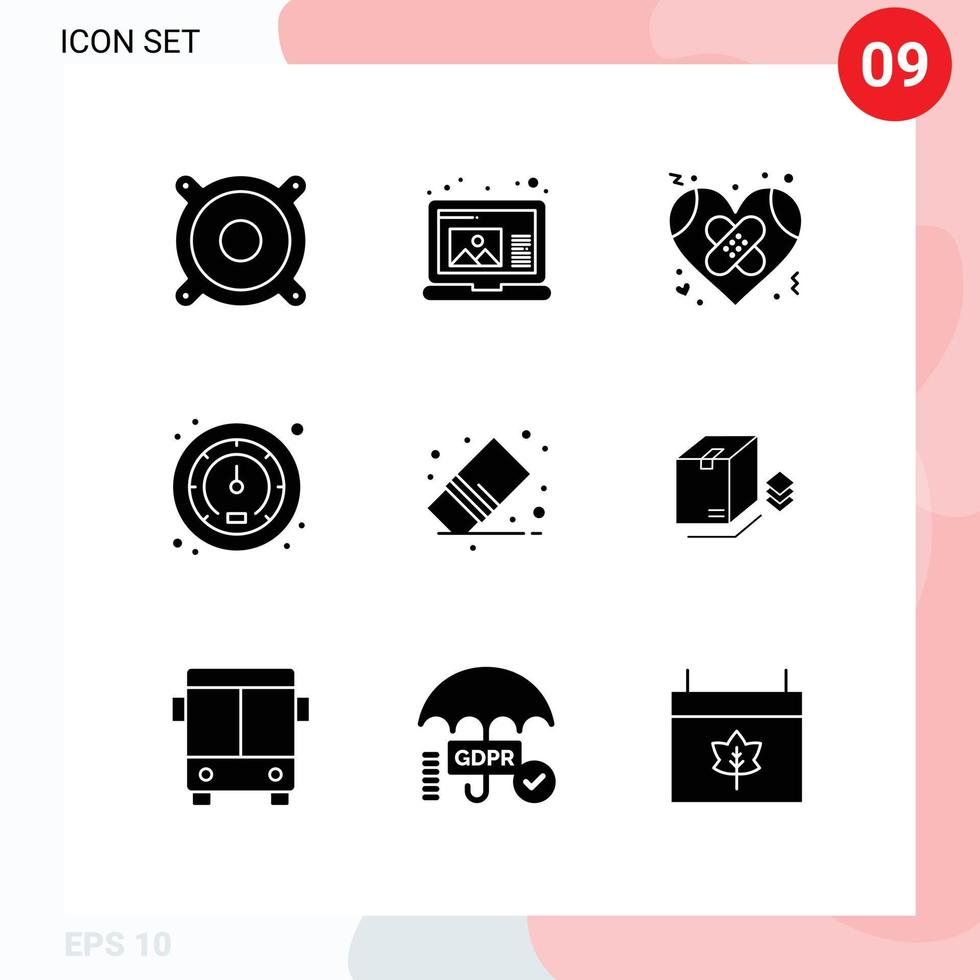 Group of 9 Solid Glyphs Signs and Symbols for rubber eraser healthcare delete speed Editable Vector Design Elements