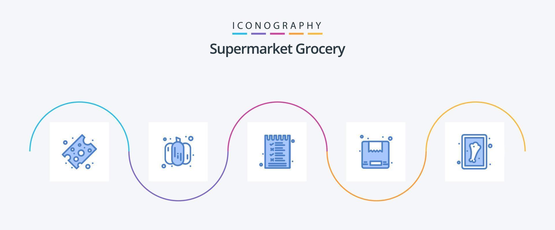 paquete de iconos azul de supermercado 5 que incluye. carne. menú. pierna. Envío vector