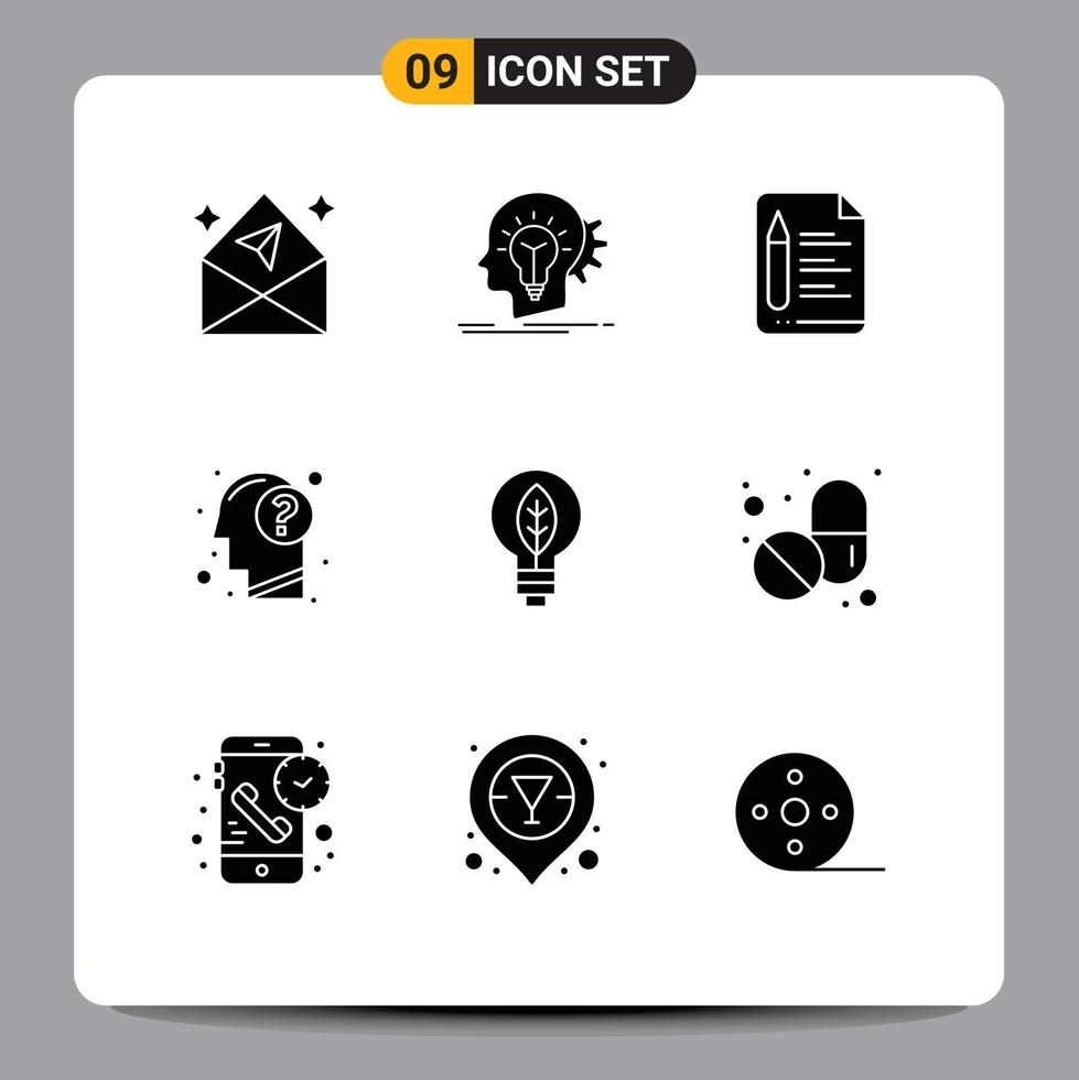 Universal Icon Symbols Group of 9 Modern Solid Glyphs of mind head thinking education pencil Editable Vector Design Elements