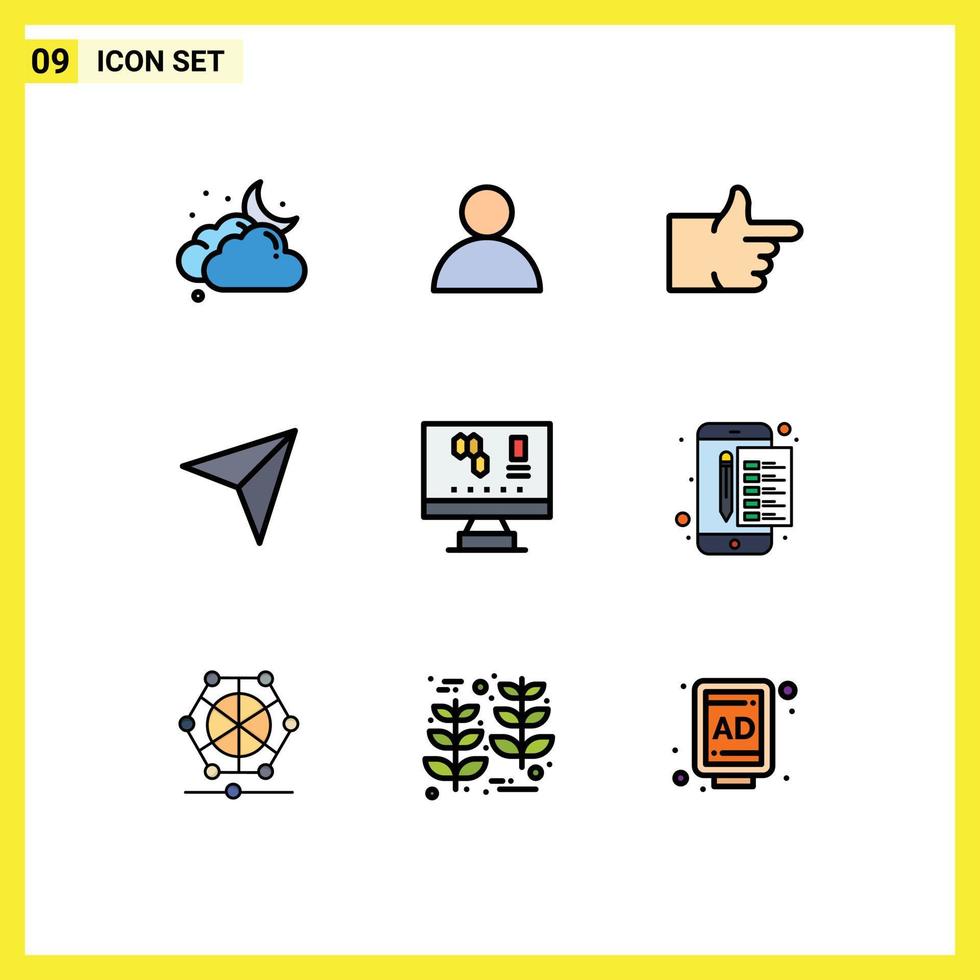 Group of 9 Filledline Flat Colors Signs and Symbols for science computer thumbs up biology up Editable Vector Design Elements
