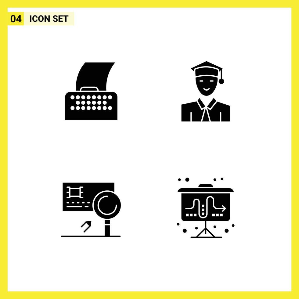 4 Universal Solid Glyphs Set for Web and Mobile Applications cinema script banking typewriter graduate detection Editable Vector Design Elements