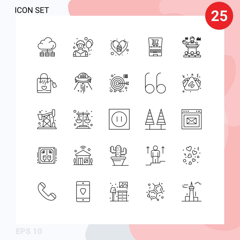 25 User Interface Line Pack of modern Signs and Symbols of convention business egg shopping laptop Editable Vector Design Elements