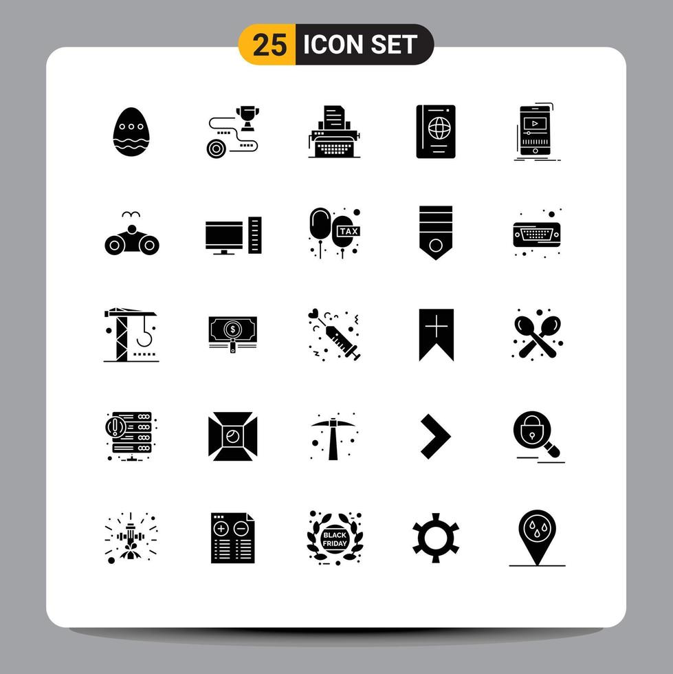 User Interface Pack of 25 Basic Solid Glyphs of travel summer win passport publish Editable Vector Design Elements