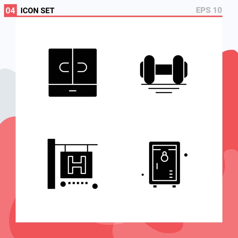 Universal Icon Symbols Group of 4 Modern Solid Glyphs of closet travel interior gym locker Editable Vector Design Elements