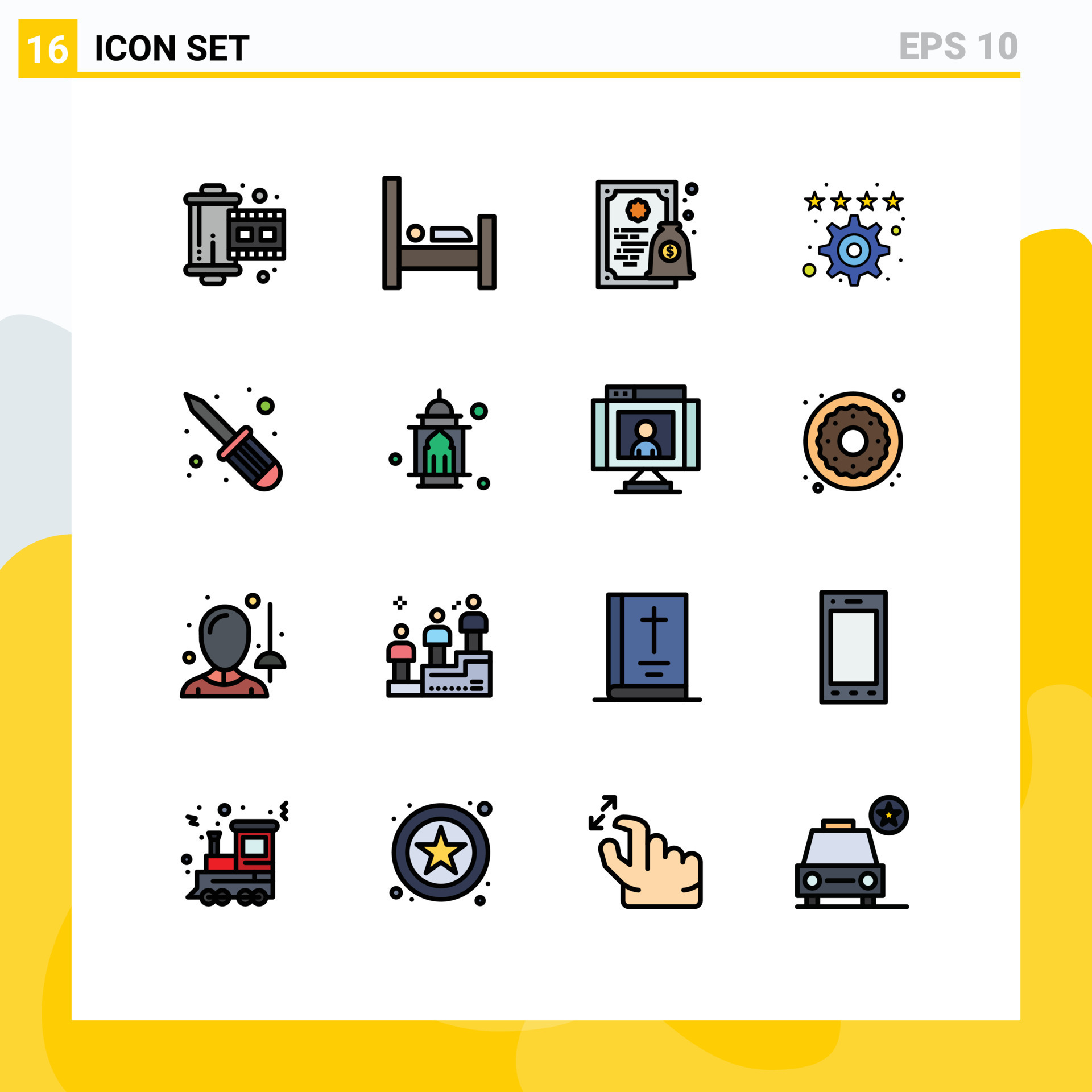 16 Thematic Vector Flat Color Filled Lines and Editable Symbols of