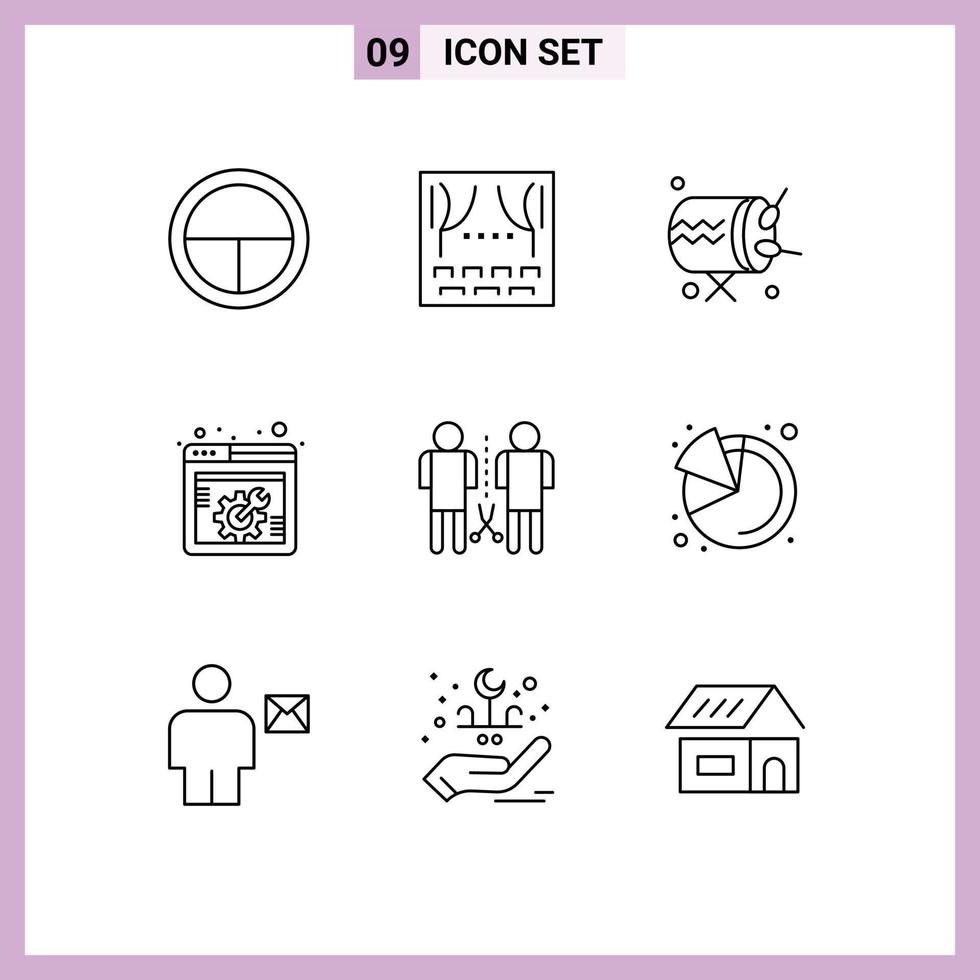 Group of 9 Modern Outlines Set for knowledge webpage drum web setting spanner Editable Vector Design Elements
