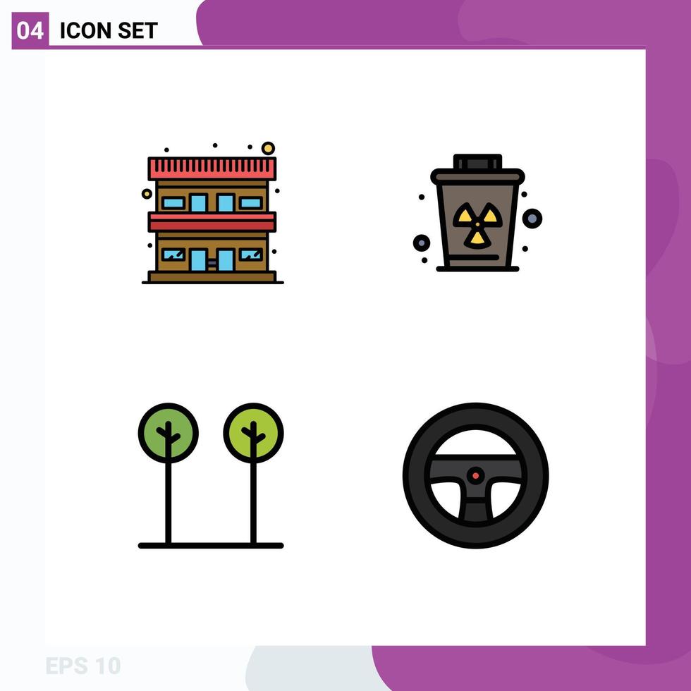 Pictogram Set of 4 Simple Filledline Flat Colors of motel leaves travel pollution plant Editable Vector Design Elements