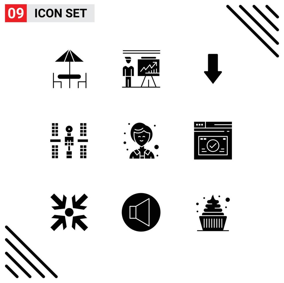 Set of 9 Vector Solid Glyphs on Grid for space platform report orbital download Editable Vector Design Elements