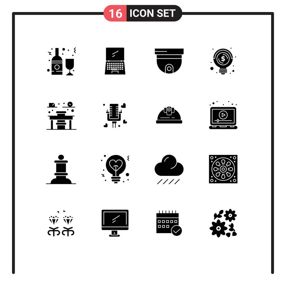 Pack of 16 Modern Solid Glyphs Signs and Symbols for Web Print Media such as money business imac bulb security Editable Vector Design Elements