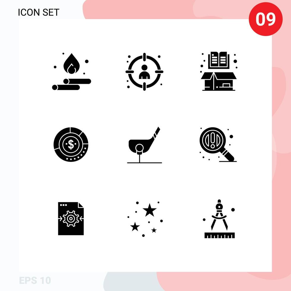9 User Interface Solid Glyph Pack of modern Signs and Symbols of chart analysis target diagram item Editable Vector Design Elements