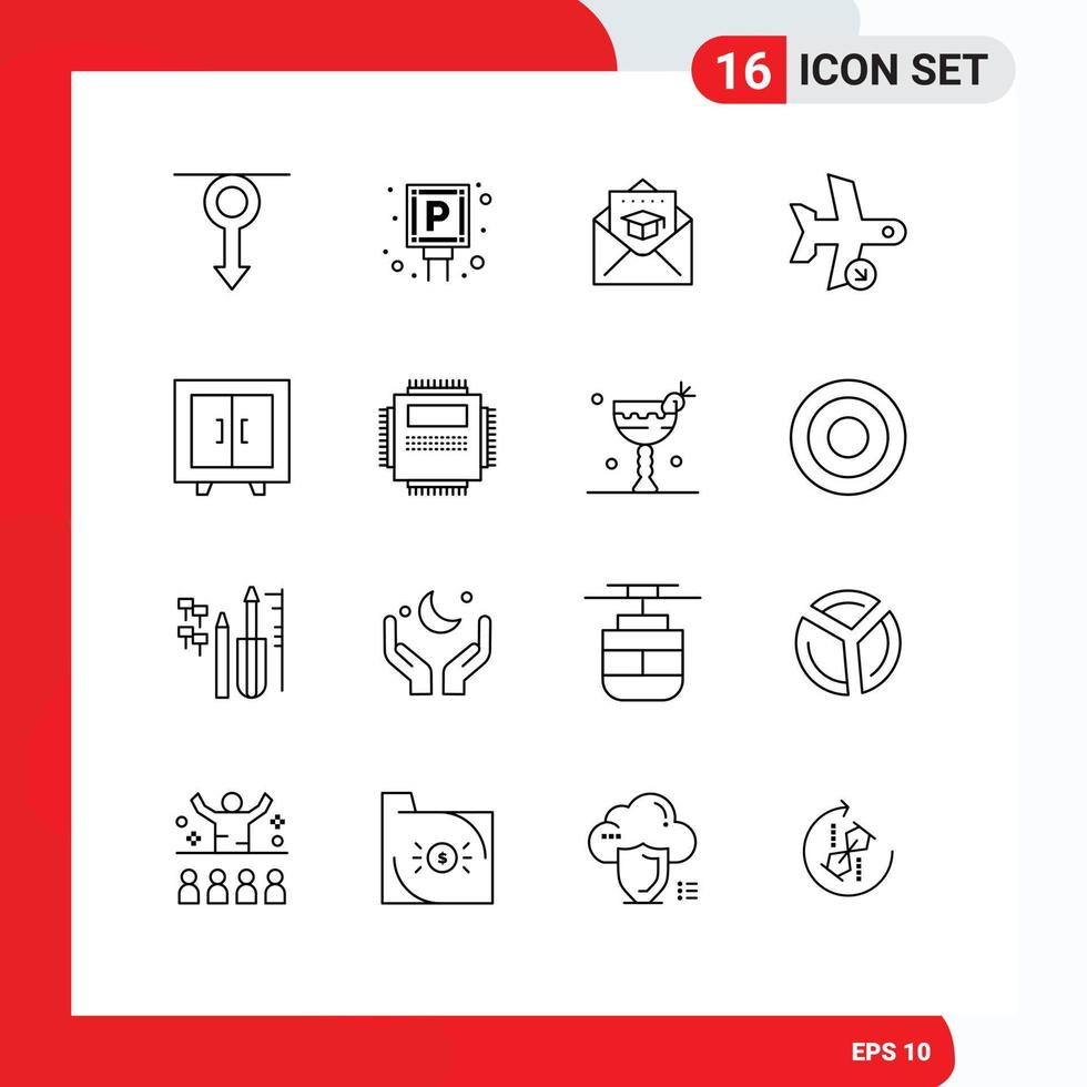 Set of 16 Commercial Outlines pack for transportation plane sign landing mail Editable Vector Design Elements