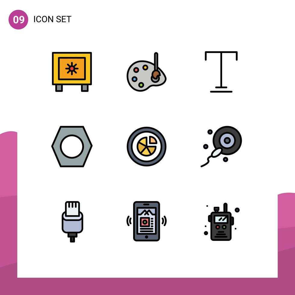 paquete de línea de vector editable de 9 colores planos de línea rellena simple de elementos de diseño de vector editables de perno de análisis de fuente de gráfico circular