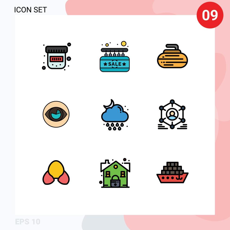 paquete de 9 signos y símbolos modernos de colores planos de línea rellena para medios de impresión web, como elementos de diseño de vectores editables de ojos de realidad curvada