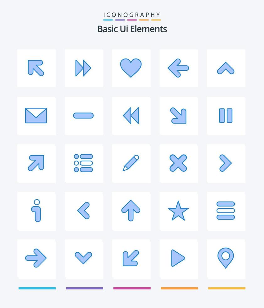Elementos básicos creativos de la interfaz de usuario 25 paquete de iconos azules como arriba. flecha. corazón. señalar hacia atrás. flechas vector