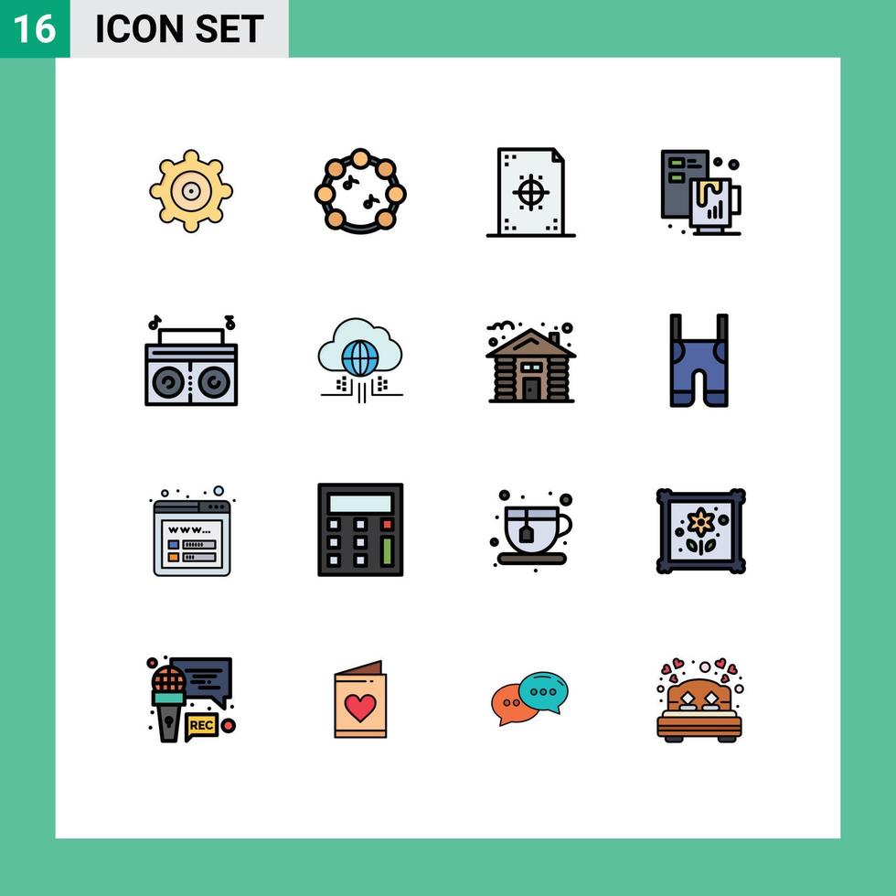 Universal Icon Symbols Group of 16 Modern Flat Color Filled Lines of internet player paper music coffee Editable Creative Vector Design Elements