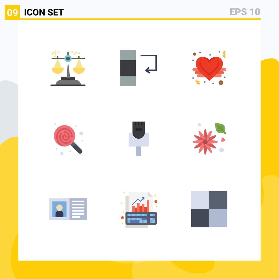 Mobile Interface Flat Color Set of 9 Pictograms of ethernet sweets love angel lollipop dessert Editable Vector Design Elements