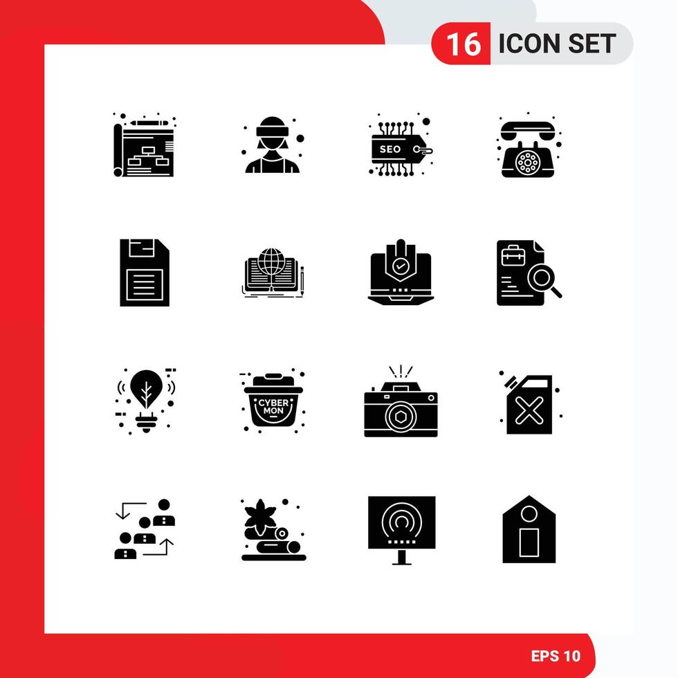 Mobile Interface Solid Glyph Set of 16 Pictograms of sd card memory chip seo memory card telephone Editable Vector Design Elements