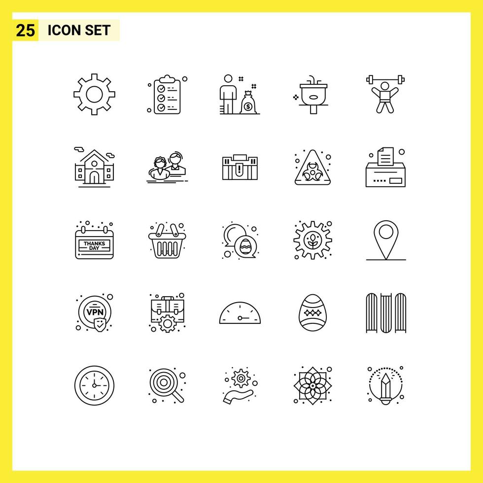 25 Universal Lines Set for Web and Mobile Applications avatar athlete investment wash cleaning Editable Vector Design Elements