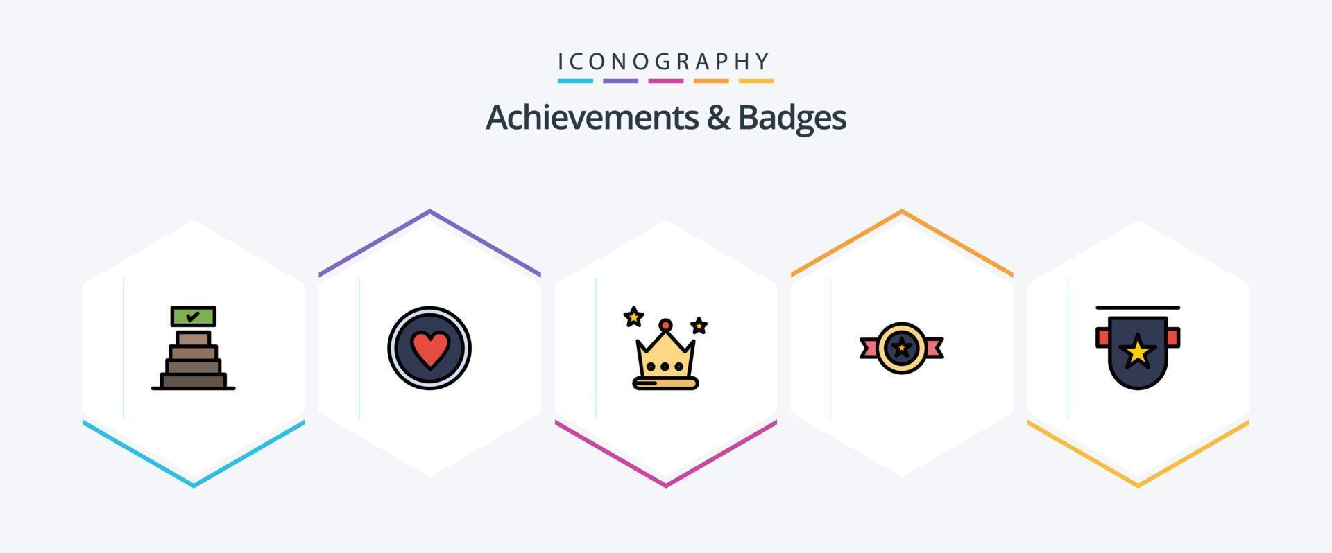 Achievements and Badges 25 FilledLine icon pack including insignia. badge. award. star. belt vector