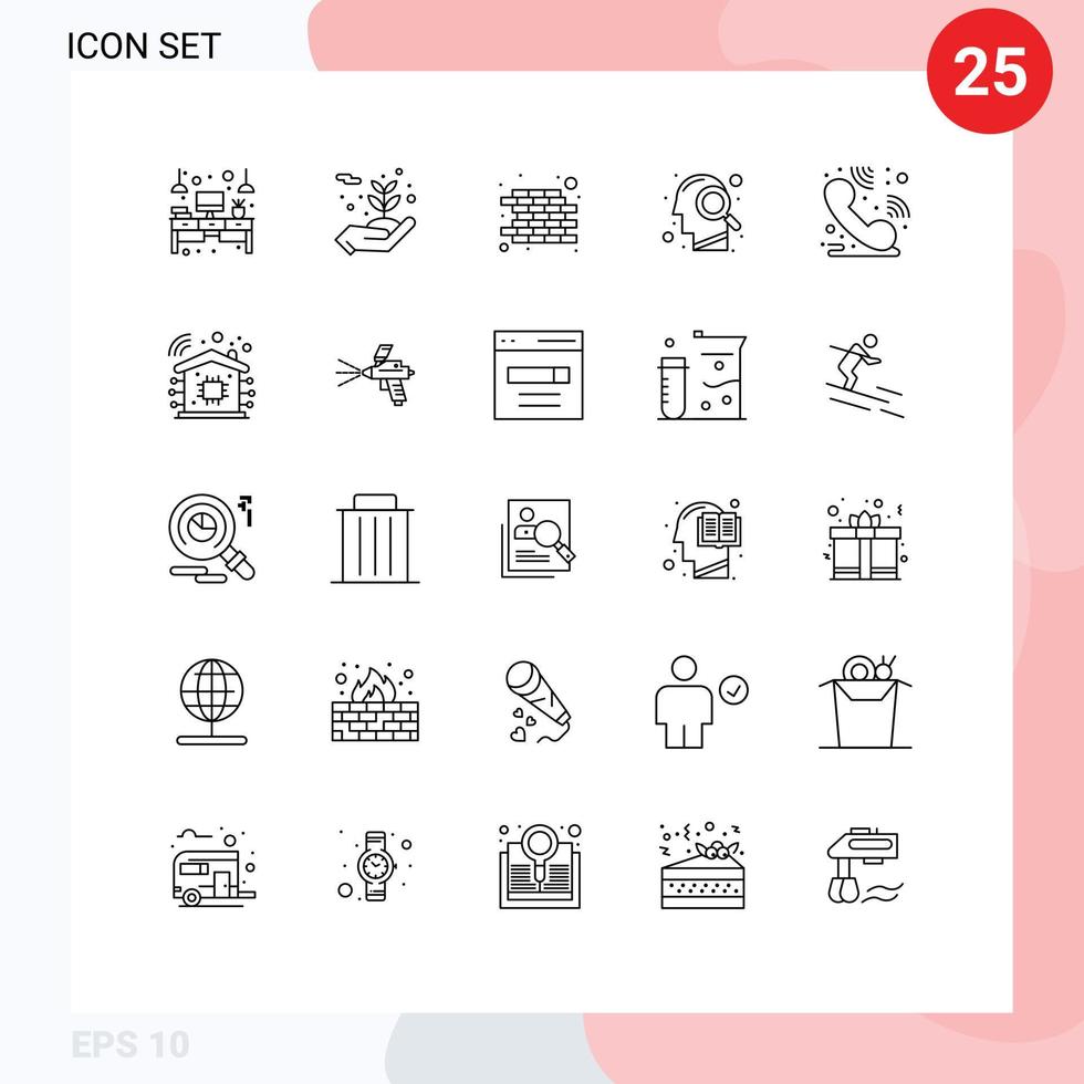 paquete de 25 líneas modernas, signos y símbolos para medios de impresión web, como la búsqueda en el servicio de asistencia técnica, que protege la mente de los elementos de diseño de vectores editables