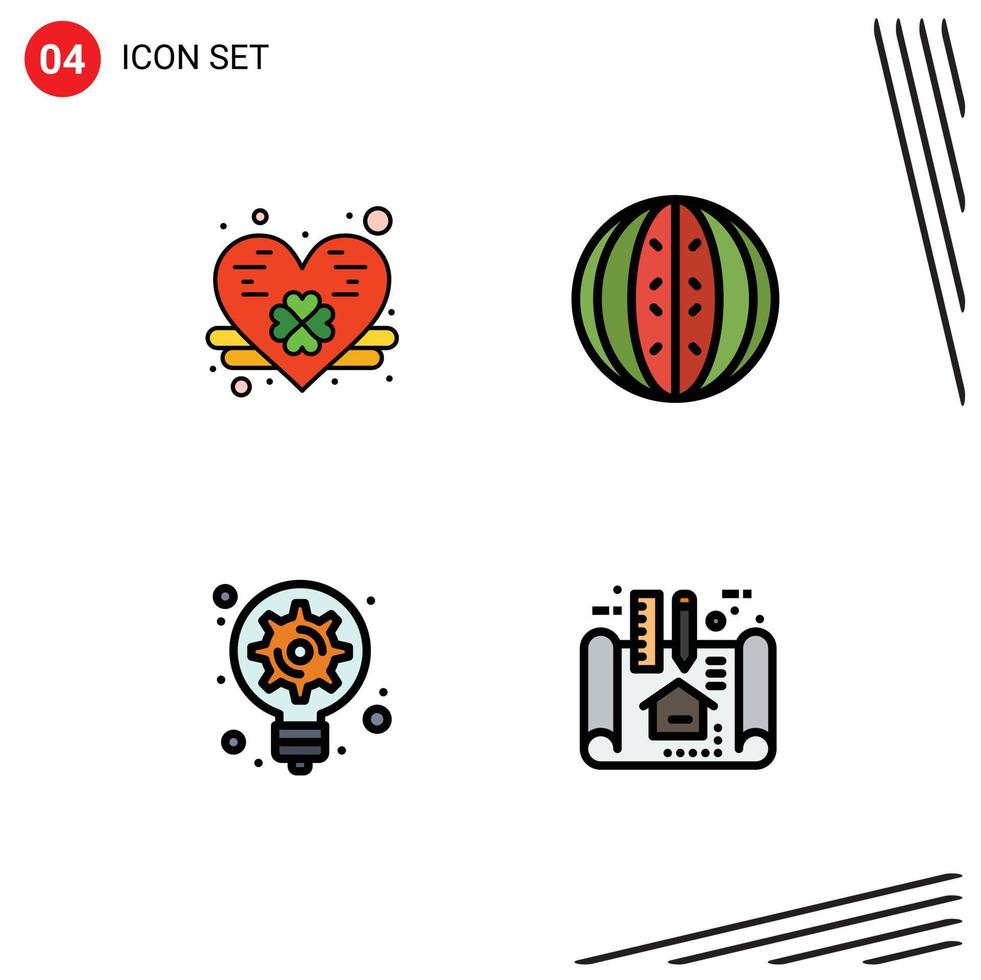 4 Universal Filledline Flat Colors Set for Web and Mobile Applications clover idea drink melon light bulb Editable Vector Design Elements